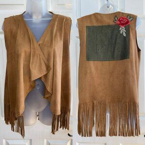 Tan Fringe Boho Vest With Embroidered Rose & Love & Peace Back Print OS